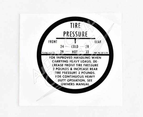 Auto City Classic - 1958 Chevrolet Tire Pressure Inflation Decal