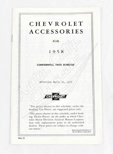 Auto City Classic - 1958 Chevrolet Dealer Accessories Price Brochure